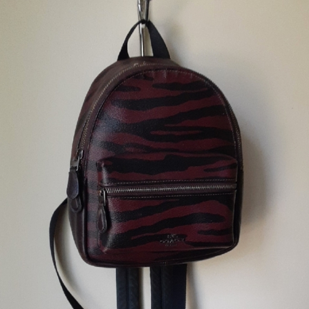 Coach Charlie Mini Tiger Striped Backpack Maroon And Black F37880 - Picture 2 of 12